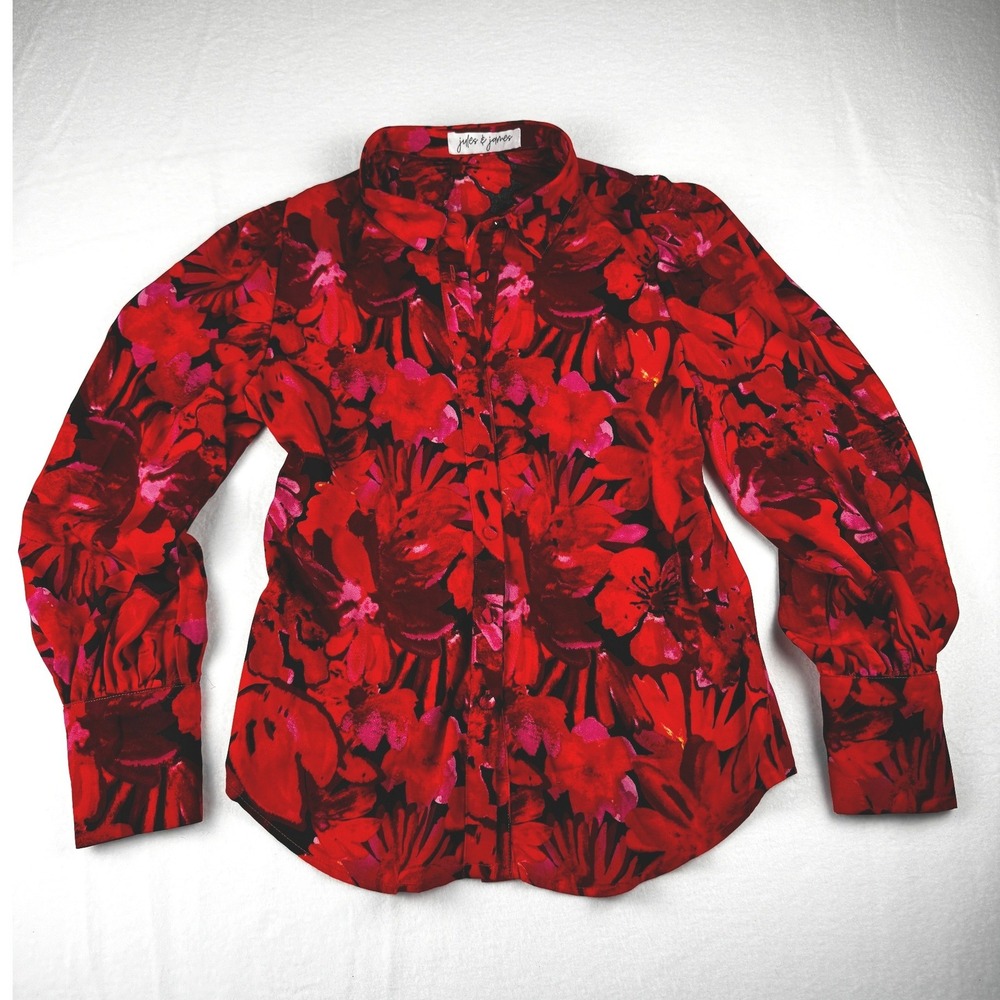 Jules & James Red Floral Button Down Blouse Long Sleeve Cuffed Shirt Womens Med